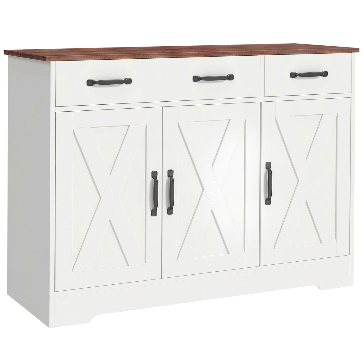 Buffet cuisine, meuble de rangement avec 3 portes de grange, 2 tiroirs et étagères réglables, 108 x 40 x 81 cm, blanc-0