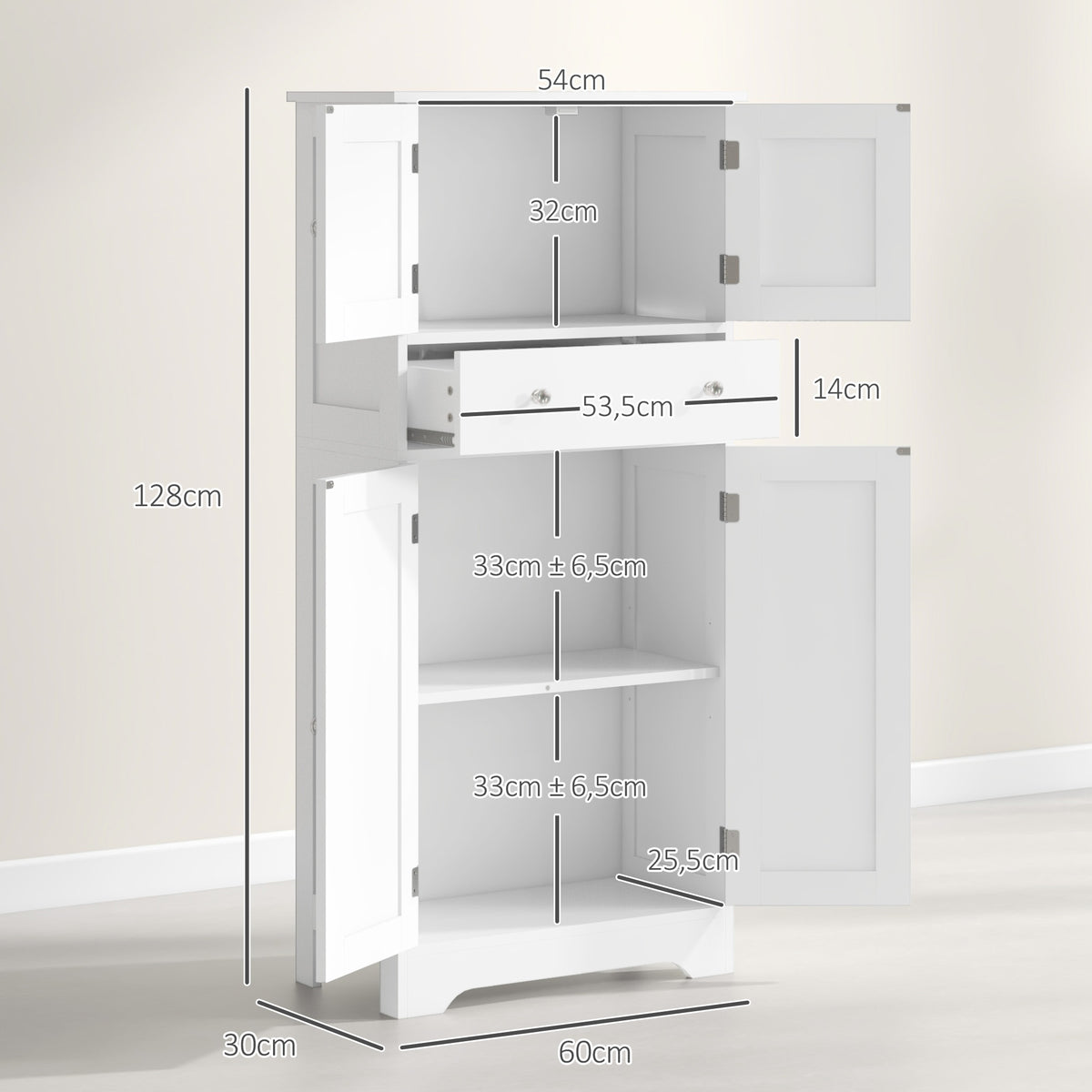 Armoire de cuisine buffet cuisine avec placards, étagères réglables, tiroir, 60 x 30 x 128 cm, blanc-2