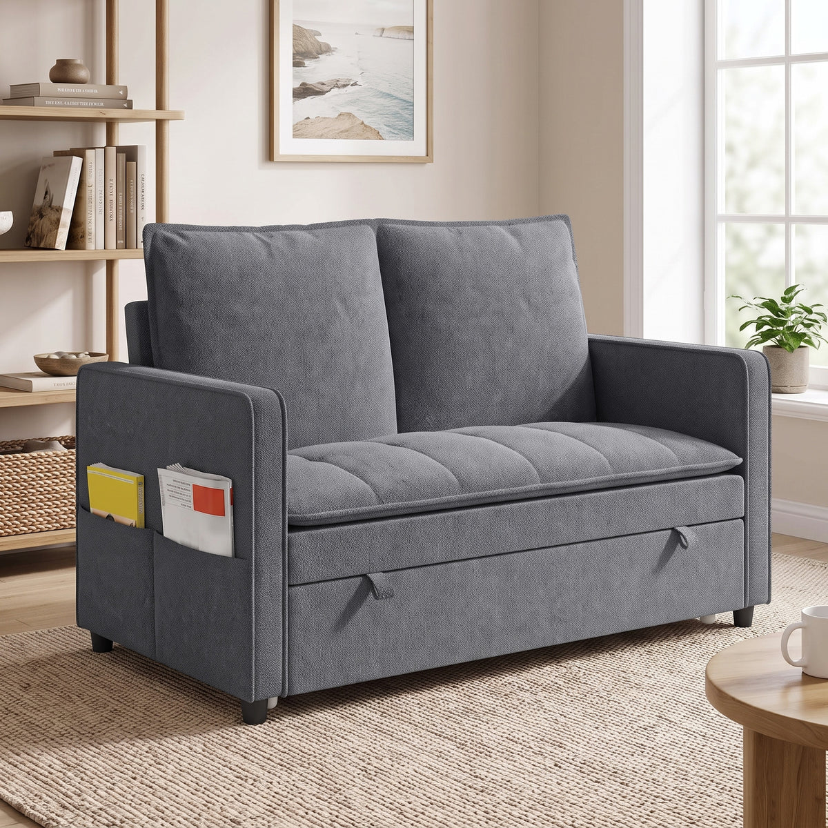 Canapé Convertible 2 Places, Canapé-Lit Clic-Clac 130 cm, Dossier Réglable, Poches Latérales, Gris Foncé-9