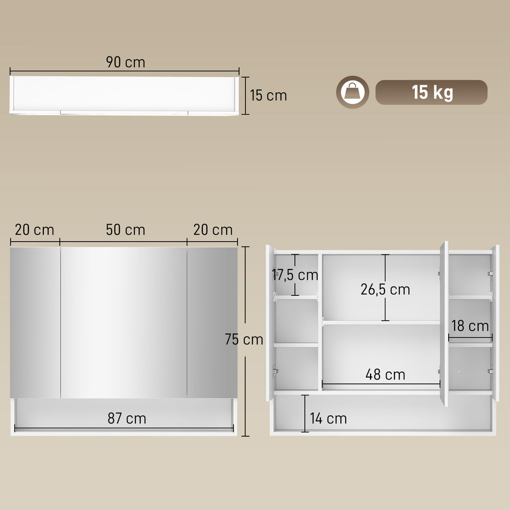 Armoire murale salle de bain avec miroir, armoire de toilette 3 portes miroir, étagères réglables, 90x15x75cm, blanc-2