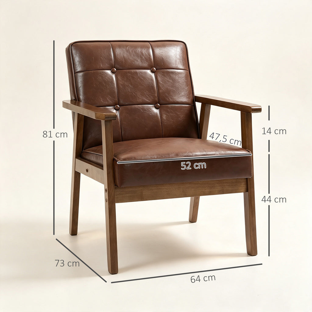 Fauteuil de salon, fauteuil de chambre en cuir synthétique, dossier capitonné, pieds en bois massif, 64x73x81cm, marron-2