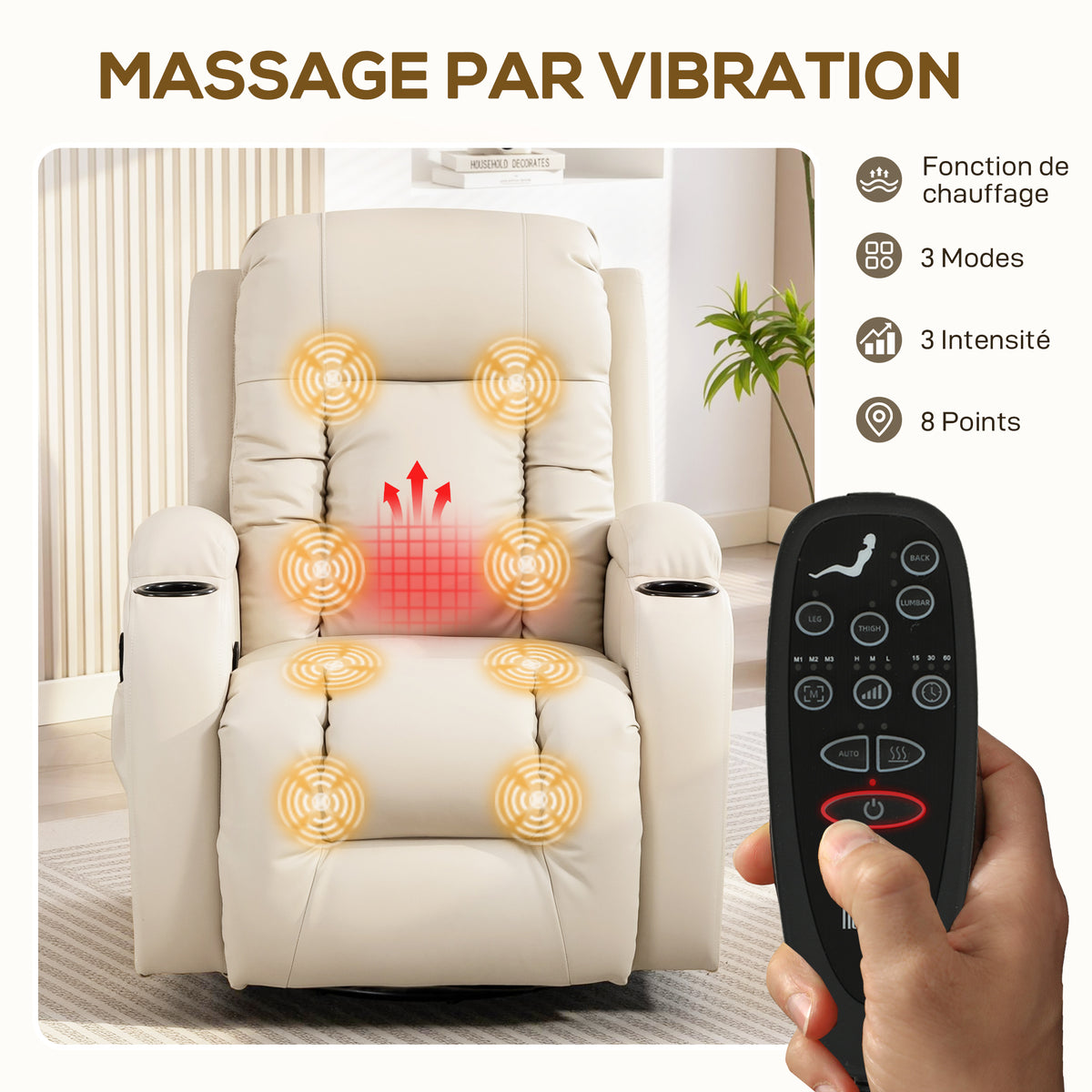 Fauteuil inclinable de massage et chauffage, fauteuil de relaxation, dossier réglable, pivotant 360°, 82x99x103cm, crème-3