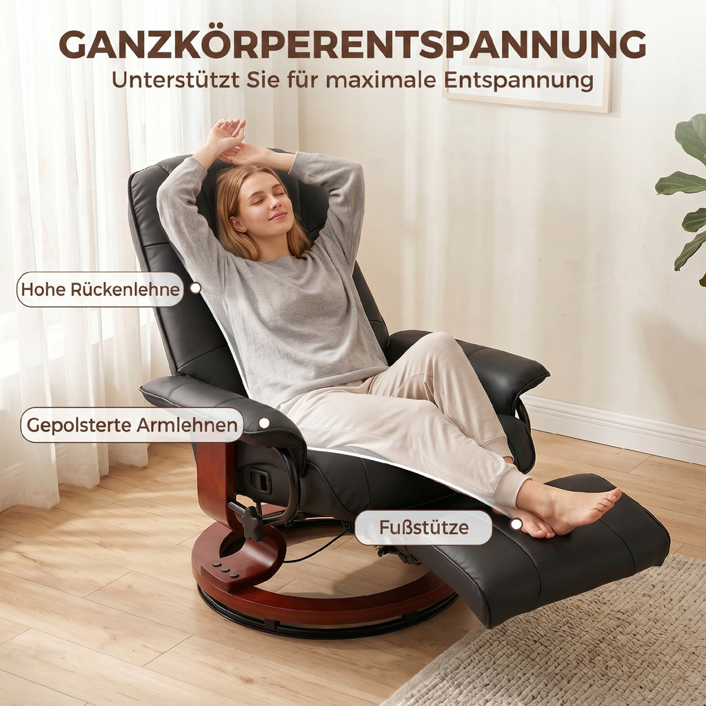 Fauteuil Relax Inclinable, Fauteuil de Salon, Repose-Pieds Réglable, Pivotant 360°, Piètement Bois, Revêtement Synthétique, Noir-5