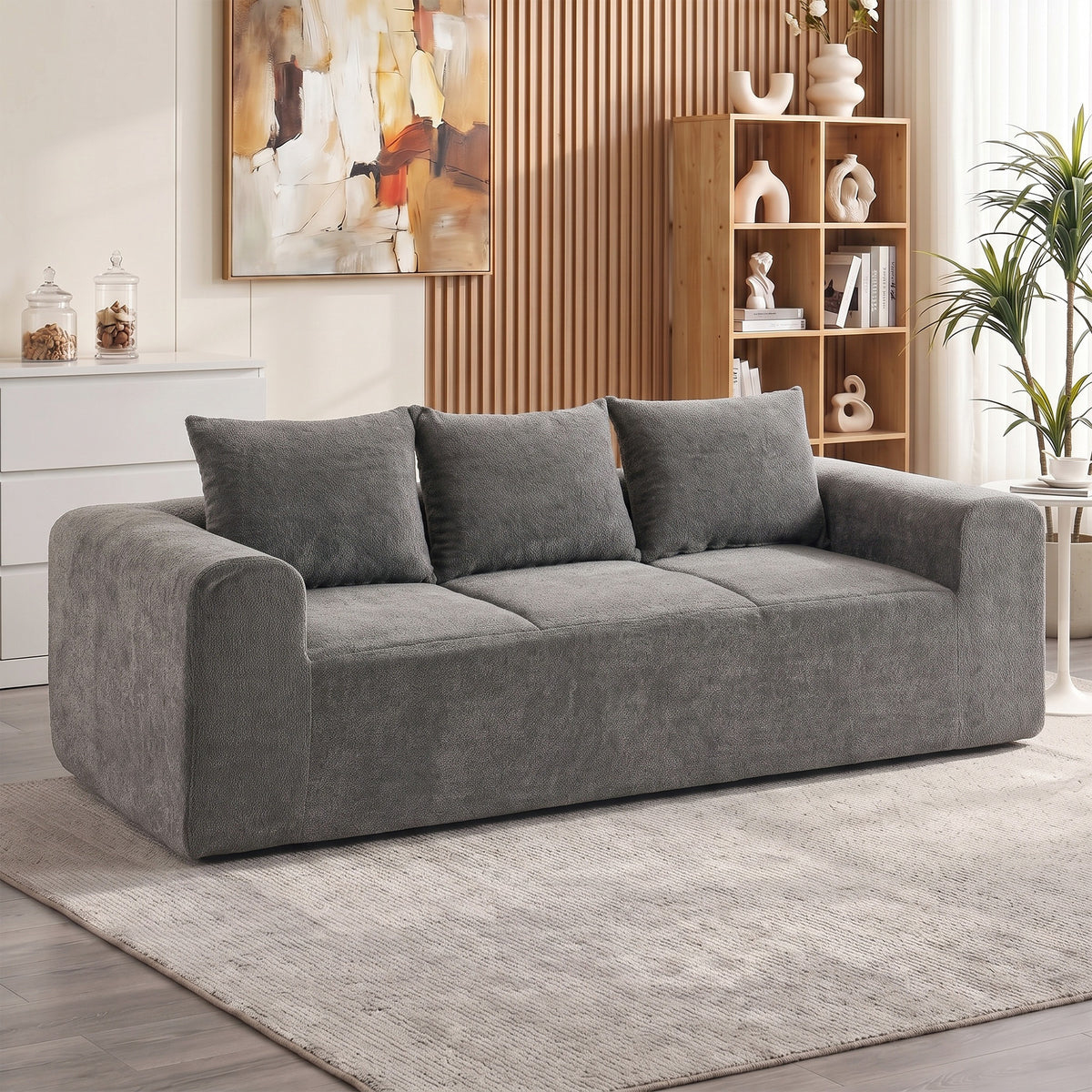 Canapé 3 Places en Chenille 220 cm, Canapé Salon Moderne avec Assise et Accoudoirs Larges, 3 Coussins, Gris-1
