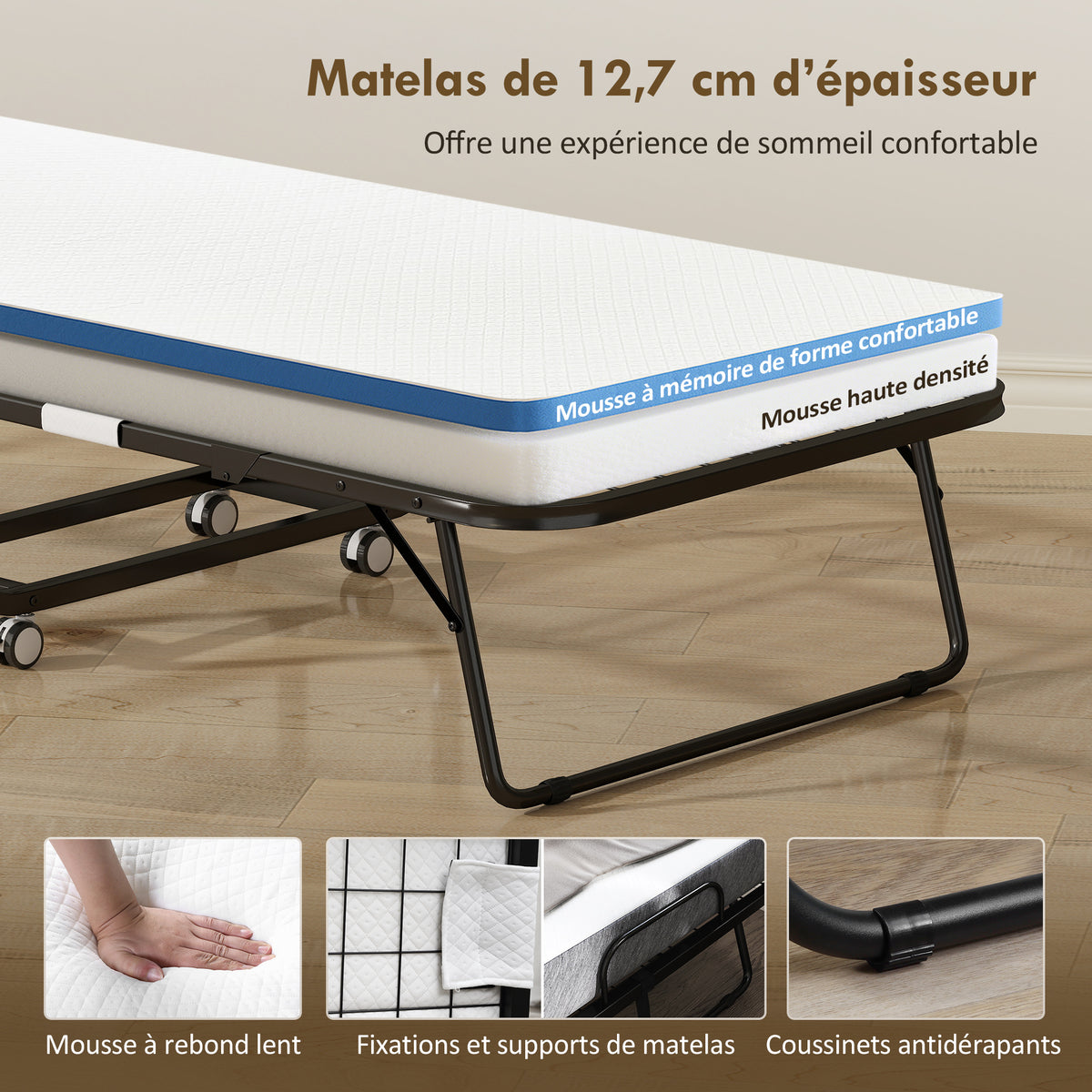 Lit pliant 1 personne 200 x 80 cm avec matelas, lit d'appoint pliable et portable sur roulettes, cadre en acier, blanc-4