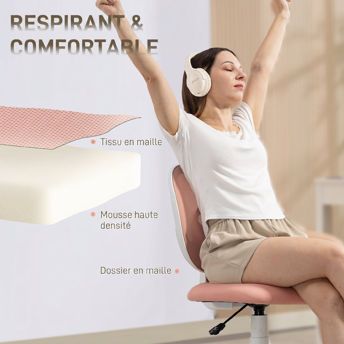 Chaise de Bureau Ergonomique sans Accoudoirs, Fauteuil de Bureau en Maille, Hauteur Réglable, Rose-4