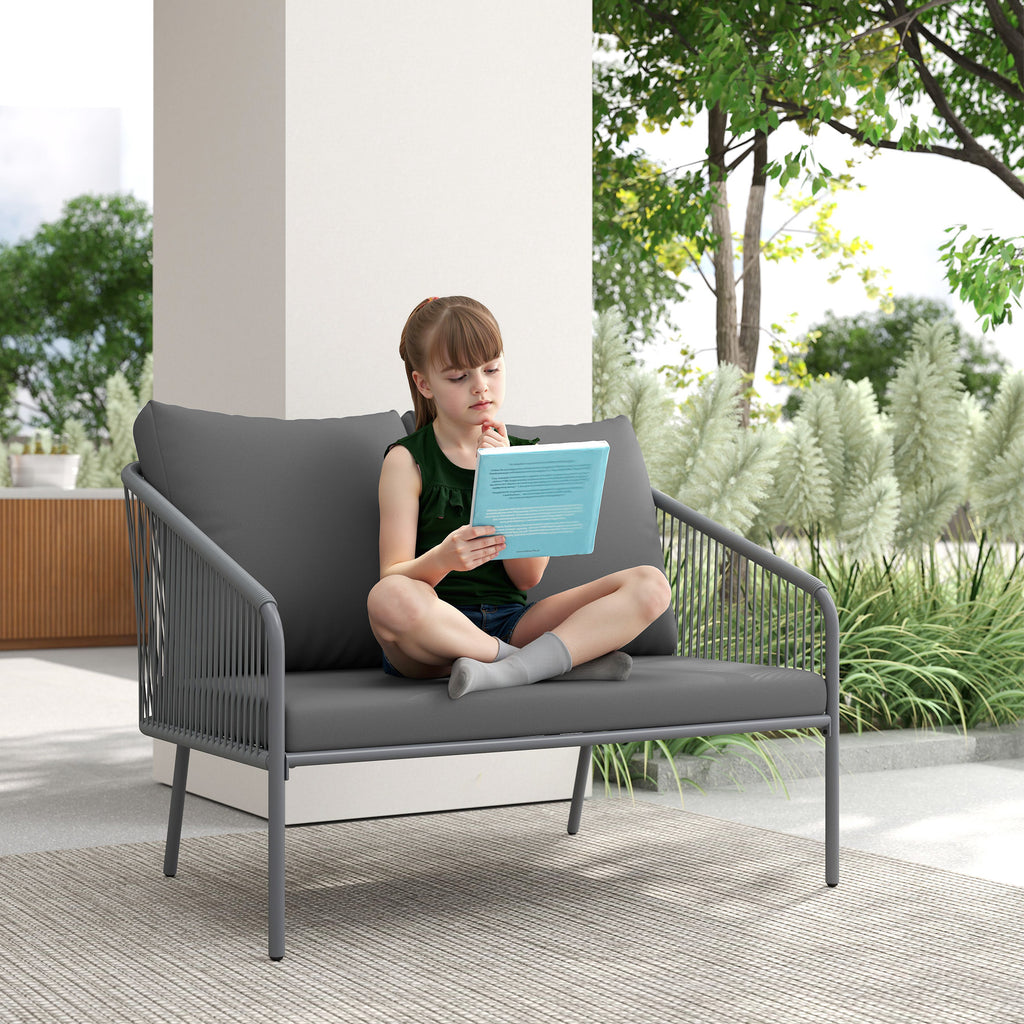 Canapé de jardin 2 places en résine tressée avec coussins canapé d'extérieur accoudoirs cadre en acier 112x72x76cm gris-6