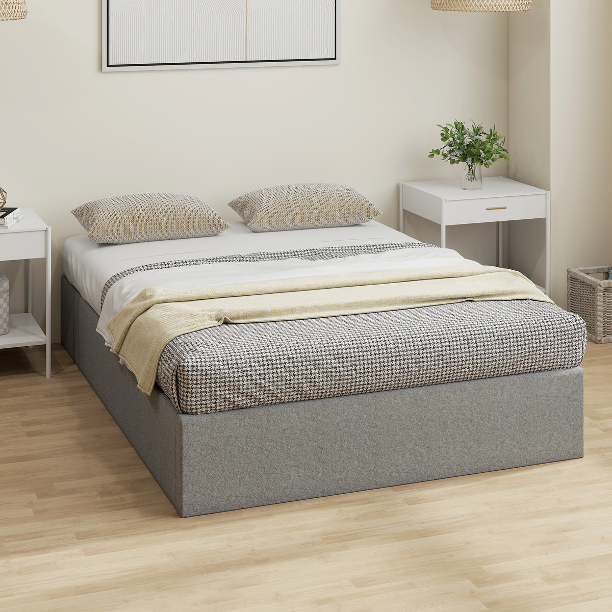 Lit coffre 140 x 190 cm, cadre de lit double rembourré, sommier à lattes en bois, rangement caché, sans bruit, gris-8