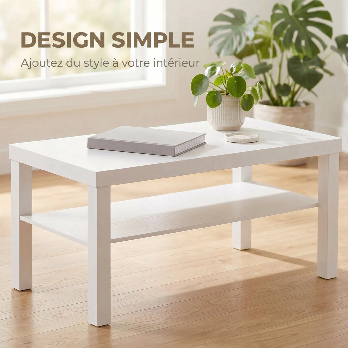 Table basse de salon, table d'appoint rectangulaire à 2 niveaux avec étagère de rangement, 90x45x44,5cm, blanc-5