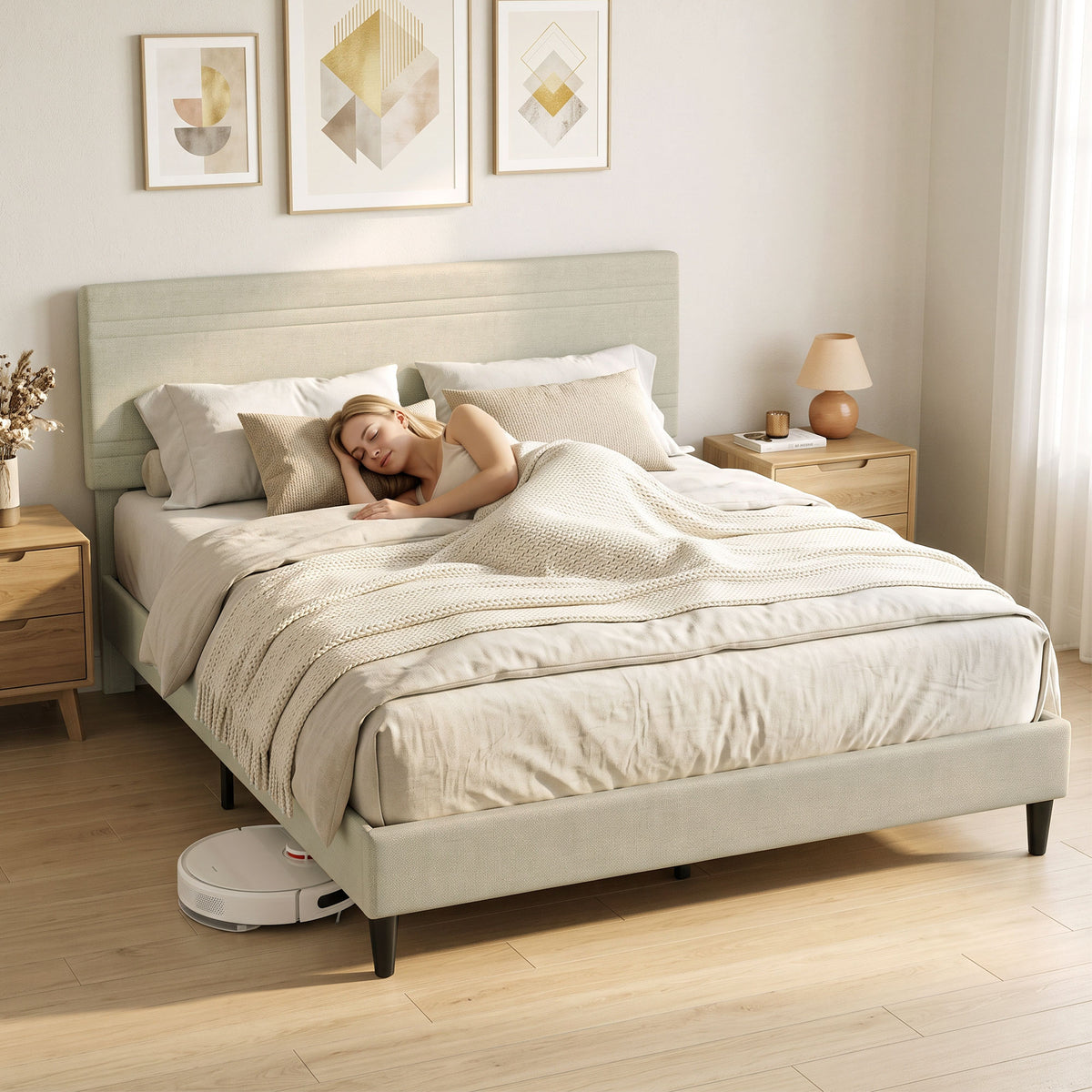 Cadre de Lit 160 x 200 cm avec Sommier en Bois, Rembourré en Effet Lin, Cadre en Acier, 9 Pieds Robustes, Beige-9