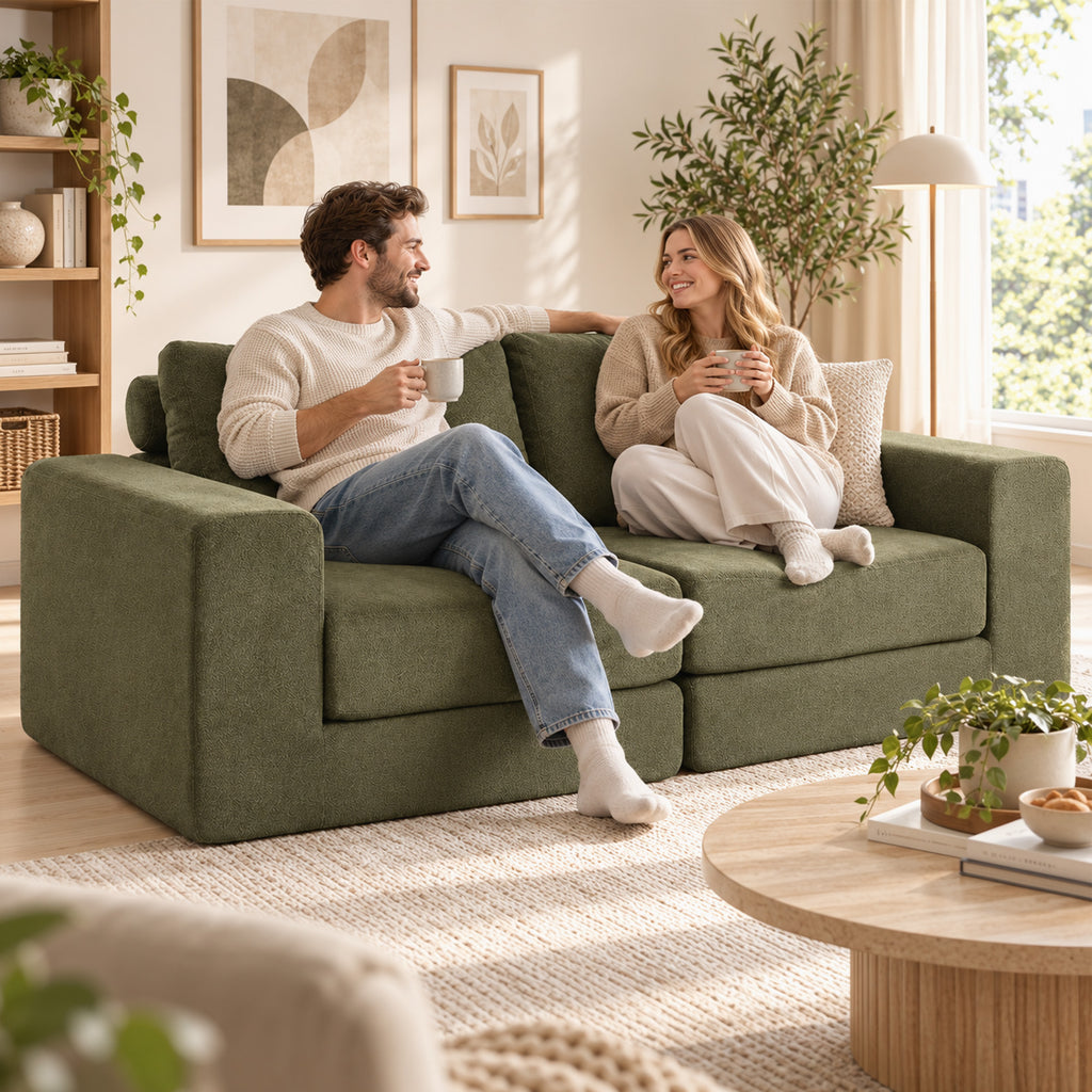 Canapé Convertible 2 Places 4 en 1, Canapé-Lit Compressé en Chenille 208 cm avec Assise Large, 2 Oreillers, Vert-9