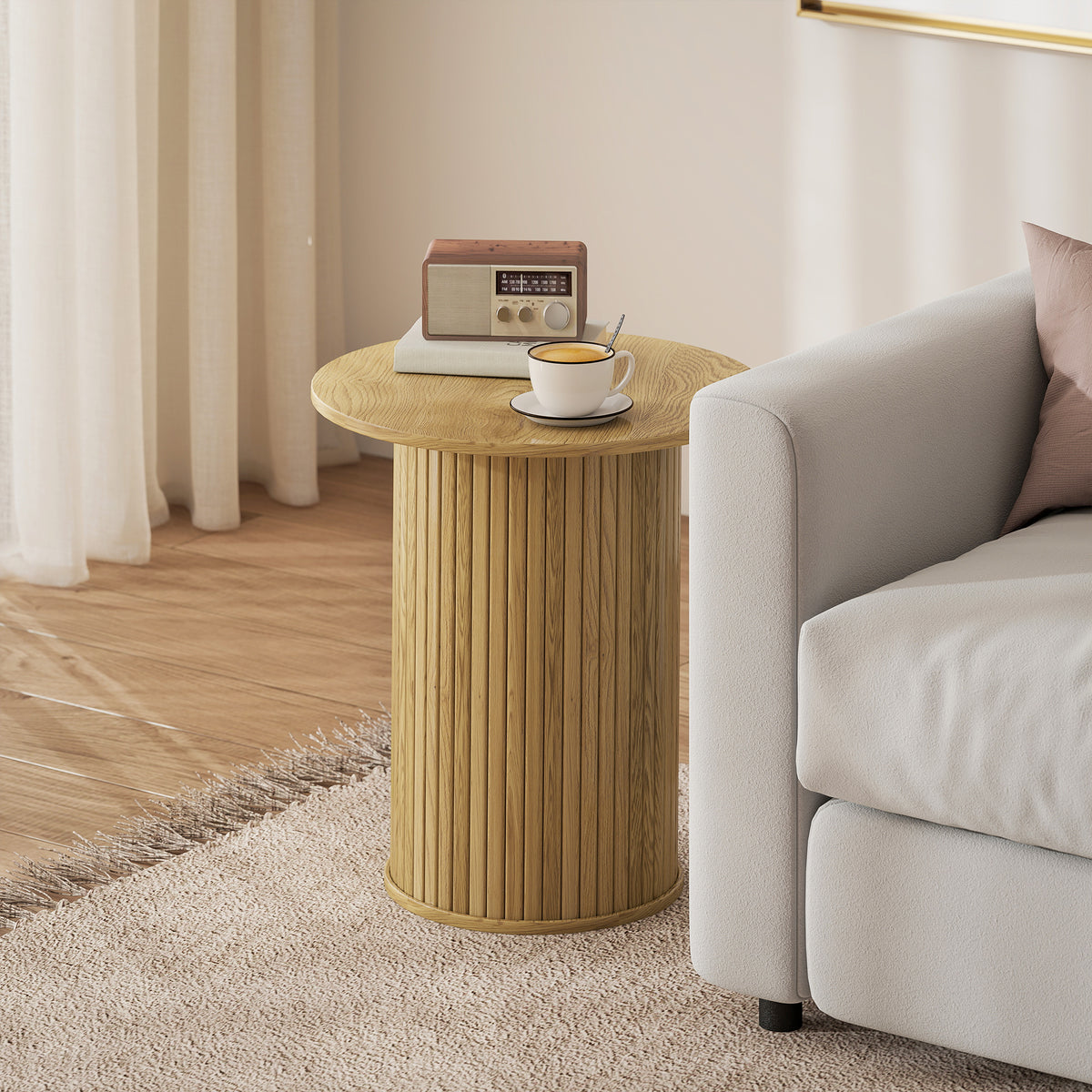 Table d'appoint ronde Ø 48 cm, table basse avec pieds cannelés pour salon, chambre ou petit espace, chêne-1