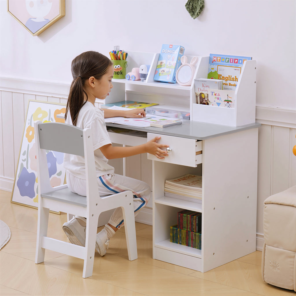 Bureau enfant avec chaise ergonomique avec clavier coulissant tiroir niches et étagères ouvertes 90 x 45 x 90 cm gris-1