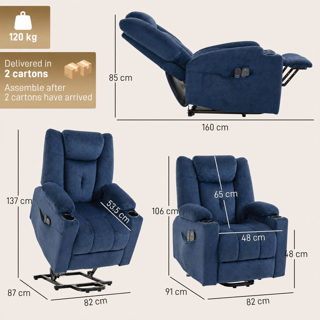 Fauteuil Releveur Électrique Massage Vibration et Chaleur, Fauteuil Relax Électrique en Velours, Dossier Inclinable Bleu-2