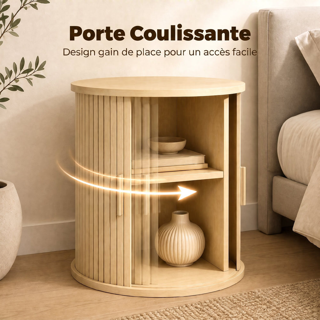 Table de Chevet, Table de Nuit Ronde Cannelée avec Porte Coulissante, pour Chambre à Coucher, Salon, 40x40x50cm, Chêne-4