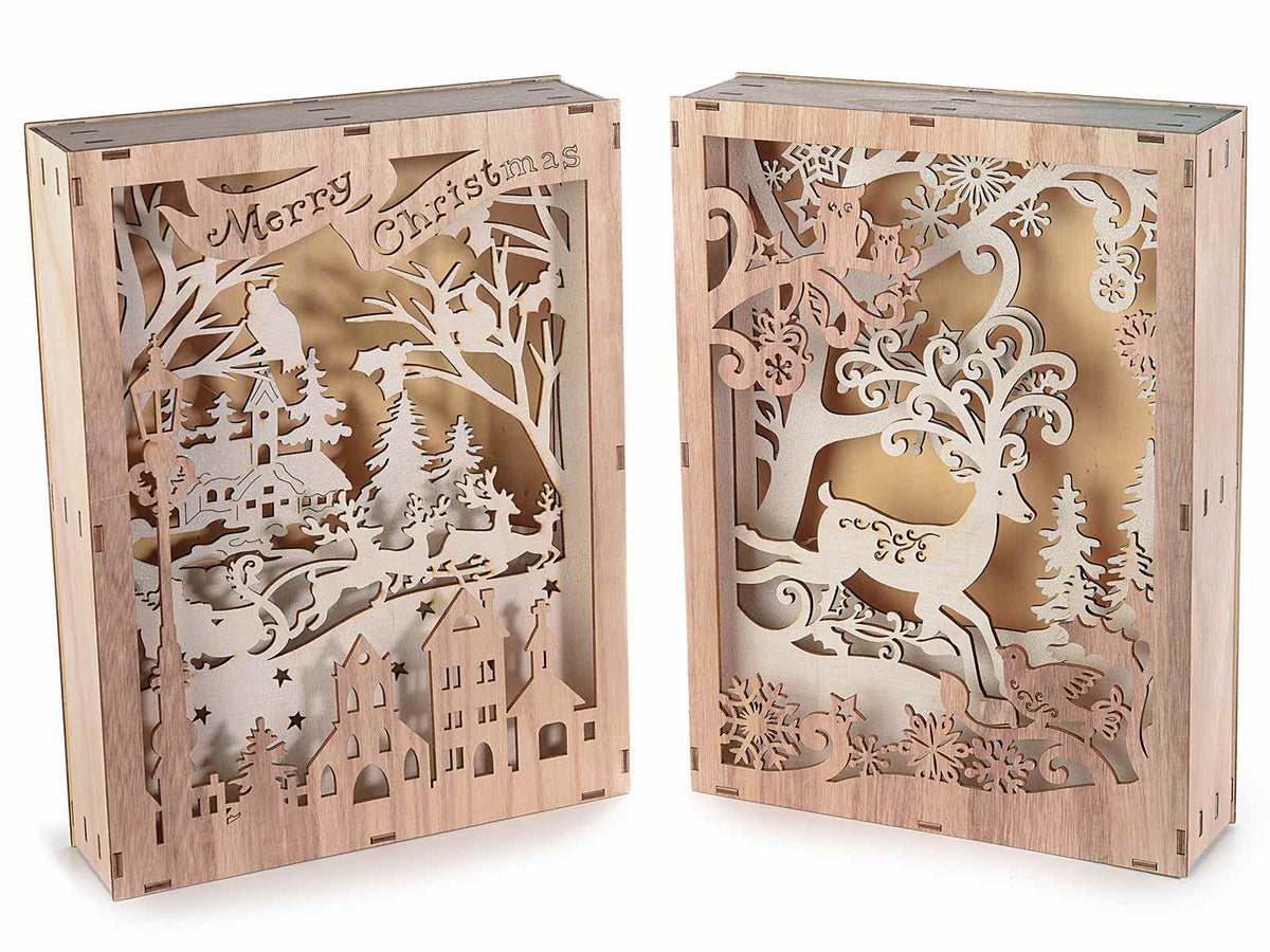 CORNICE IN LEGNO CON PAESAGGIO INVERNALE & LUCI LED