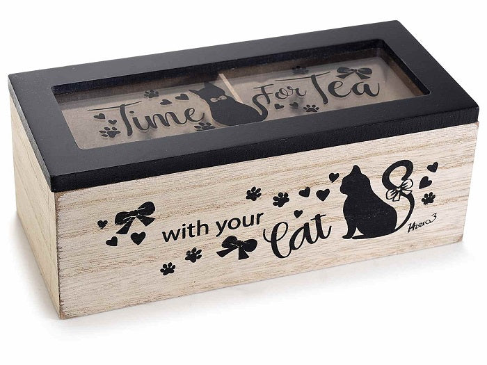 SCATOLA TE'/SPEZIE IN LEGNO CON 2 SCOMPARTI DECORO GATTO NERO