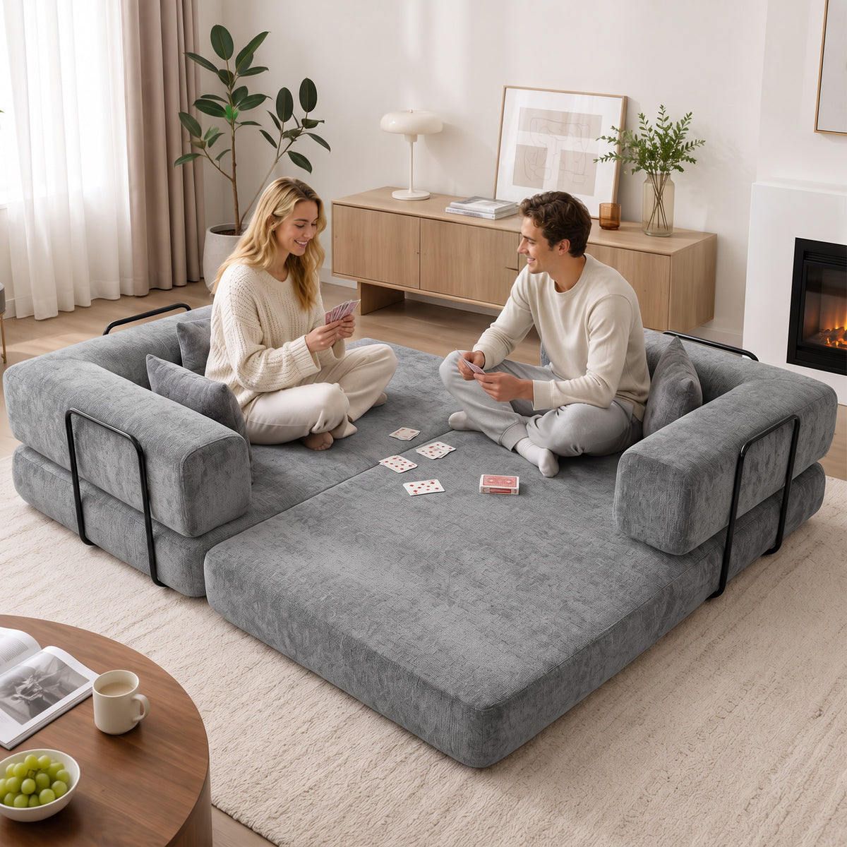 Canapé Convertible 3 Places Compressé 5 en 1, Canapé-Lit en Chenille 205cm, Assise Profonde, 2 Coussins, Gris-9