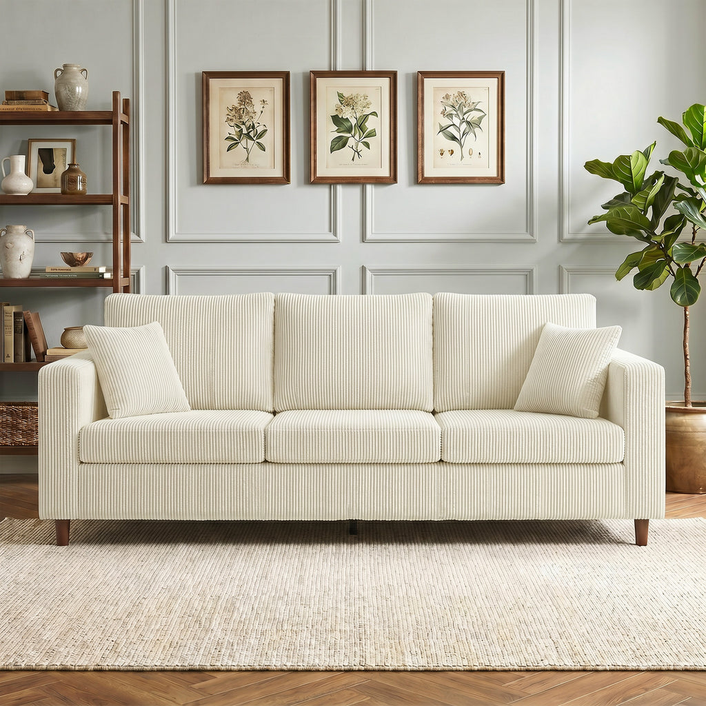Canapé 3 Places en Velours Côtelé, Canapé de Salon Moderne 225 cm, Assise Large, Coussin à Ressorts, Crème-7