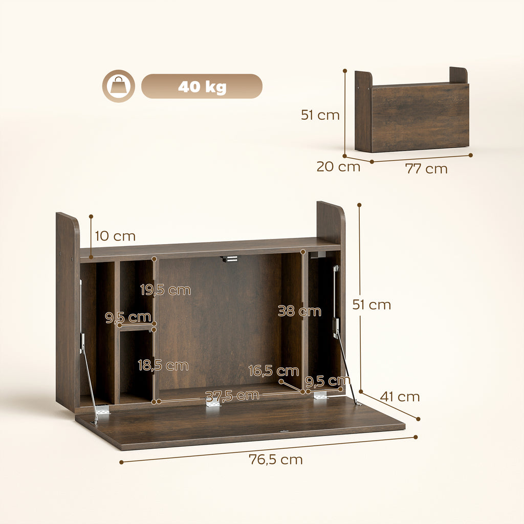 Bureau suspendu table murale table d'ordinateur murale et tablette rabattable avec rangements - 77 x 20 x 51 cm-2