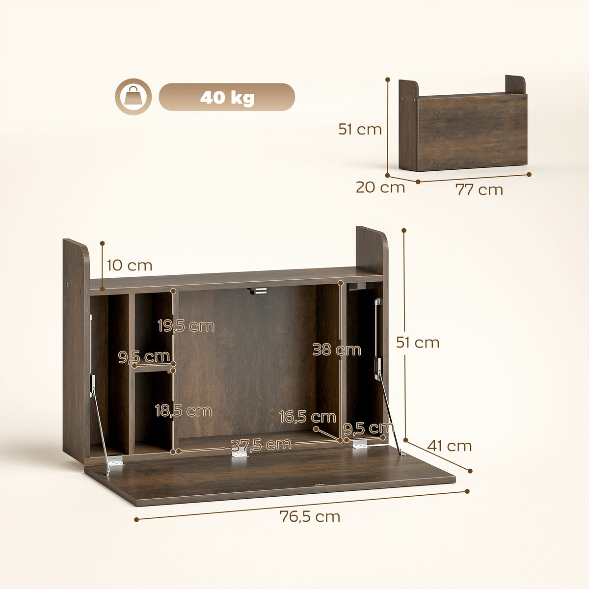 Bureau suspendu table murale table d'ordinateur murale et tablette rabattable avec rangements - 77 x 20 x 51 cm-2