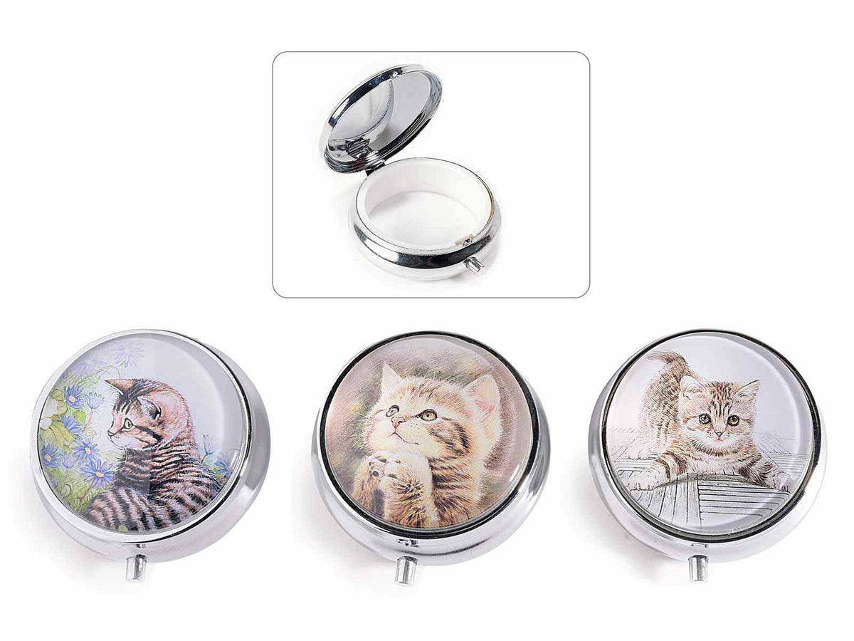 PORTAPILLOLE METALLO CON SPECCHIO & DECORO GATTO