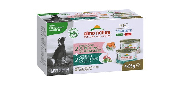 ALMO NATURE DOG HFC COMPLETE MADE IN ITALY MULTIPACK (SALMONE AL PROFUMO DI ROSMARINO / AGNELLO CON ZUCCHINE & ANETO) 4 x 95 GR.