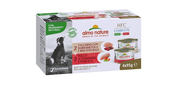 ALMO NATURE DOG HFC COMPLETE MADE IN ITALY MULTIPACK (TACCHINO CON BARBABIETOLA & RISO INTEGRALE / POLLO AL POMODORO & BASILICO) 4 x 95 GR.