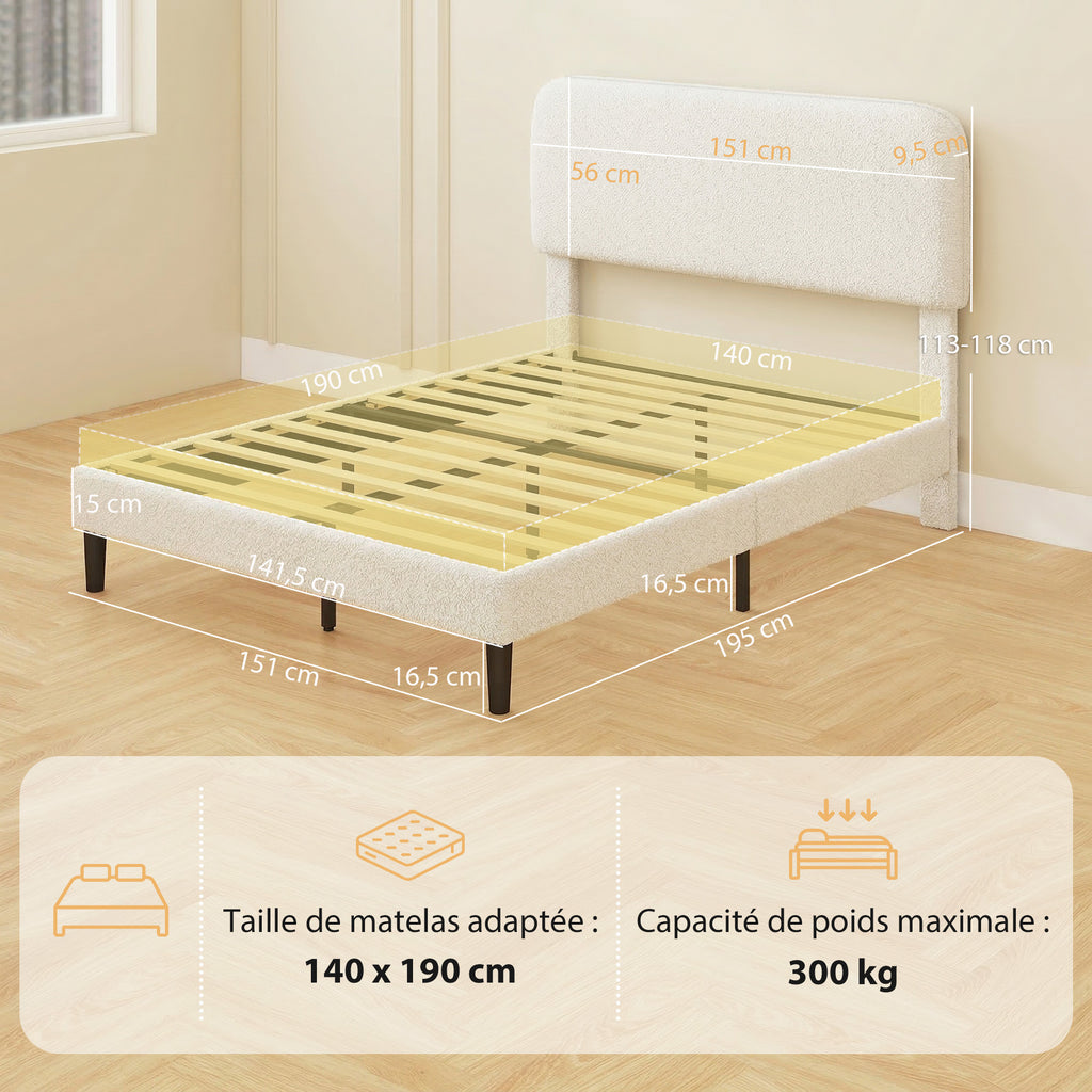Cadre de Lit 140x190cm avec Sommier, Tête de Lit Réglable, Lit Double Rembourré en Velours Teddy, Lattes en Métal, Blanc-2