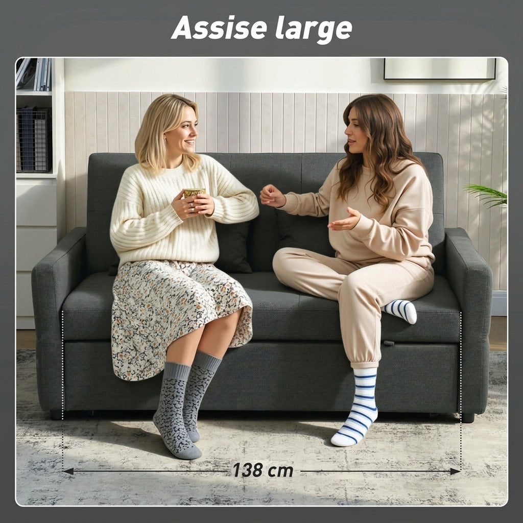 Canapé Convertible 2 Places 3 en 1, Canapé-Lit Clic Clac 160 cm, Dossier Réglable, Assise Large, 2 Oreillers, Gris Foncé-6