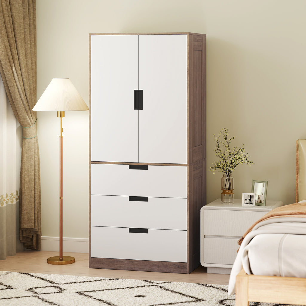 Armoire 2 portes, armoire moderne avec 3 tiroirs et tringle de suspension pour chambre à coucher, marron-1