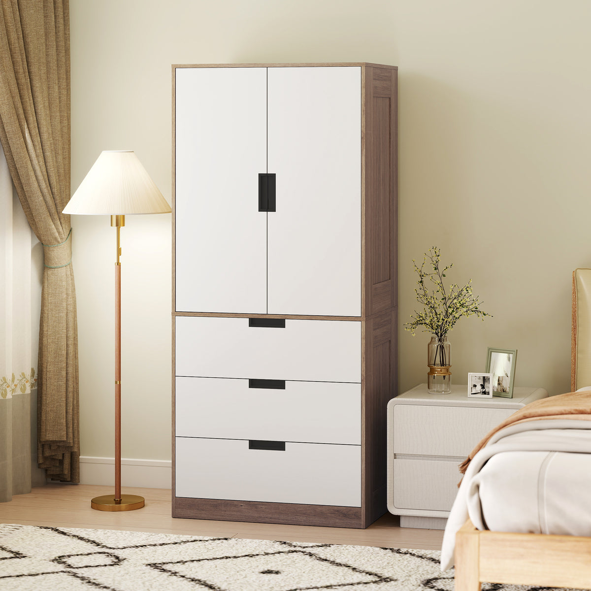 Armoire 2 portes, armoire moderne avec 3 tiroirs et tringle de suspension pour chambre à coucher, marron-1