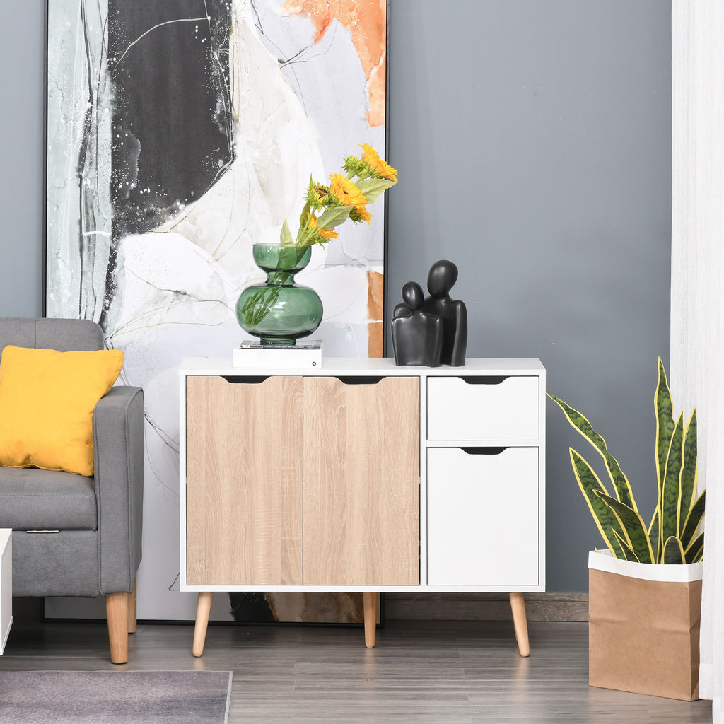 Buffet design scandinave 2 placards tiroir coulissant pieds bois massif pin panneaux particules blanc chêne clair-6