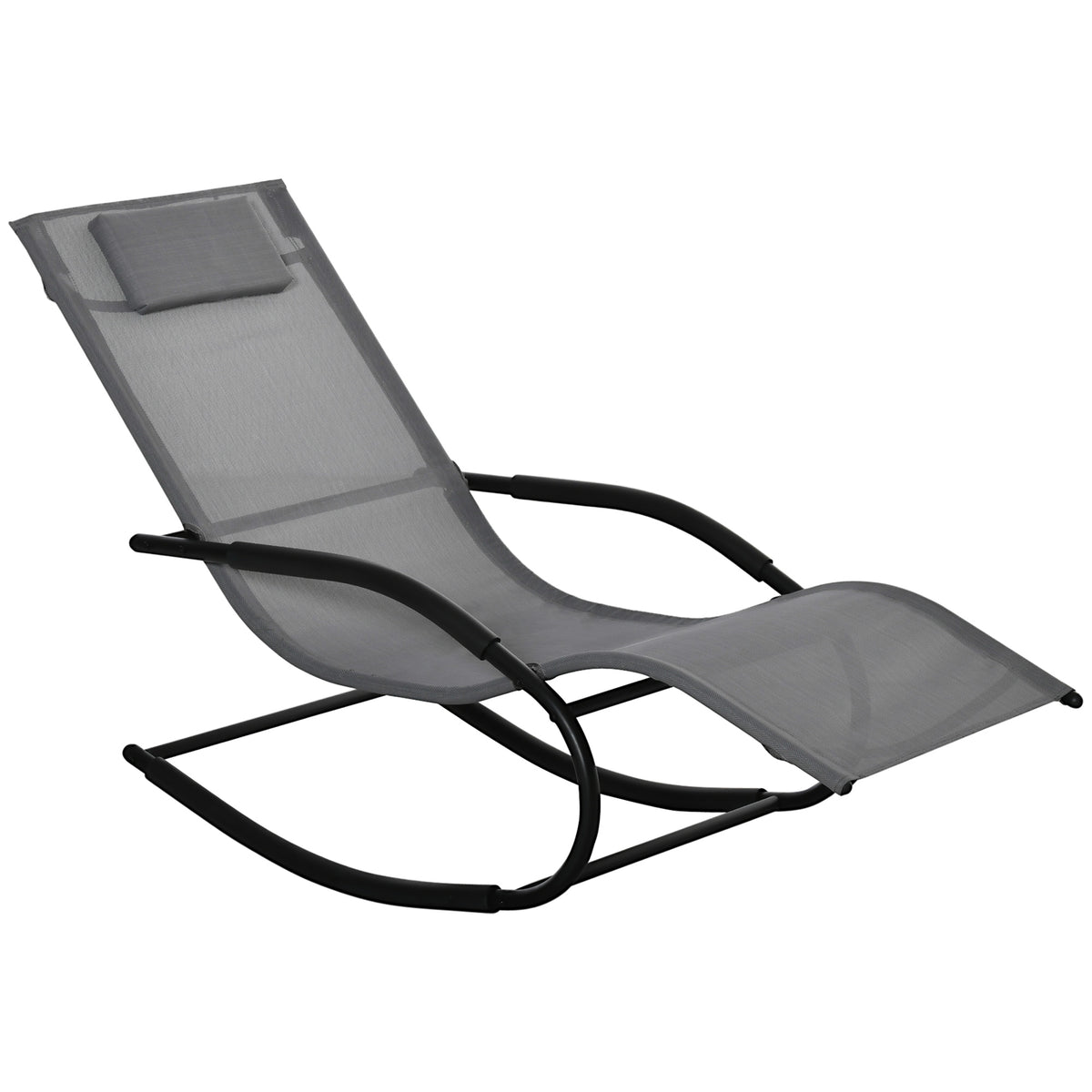 Chaise longue à bascule rocking chair ergonomique avec tétière accoudoirs métal galvanisé textilène Gris-0