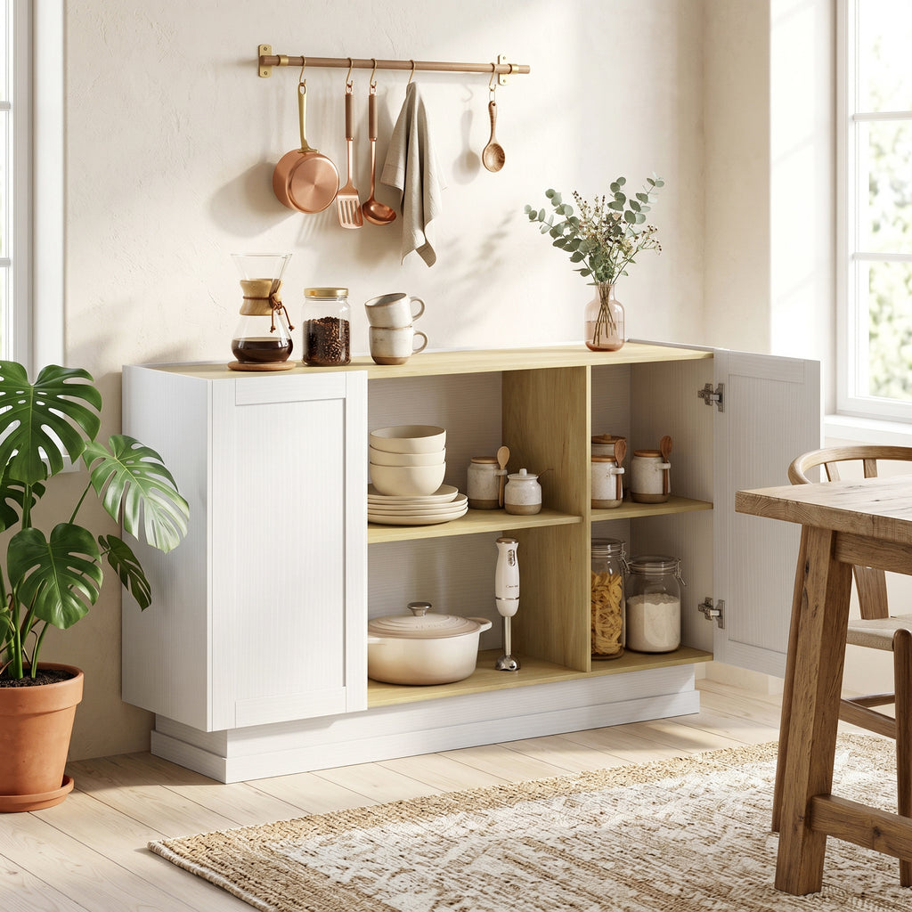 Buffet Cuisine, Meuble de Rangement avec 2 Portes et 2 Étagères Ouvertes, 133 x 35 x 79,7 cm, Bois Naturel et Blanc-6