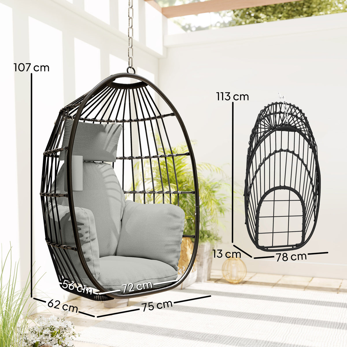Fauteuil suspendu, fauteuil œuf suspendu, panier pliable, coussins rembourrés, porte-gobelet, oreiller, gris foncé-2