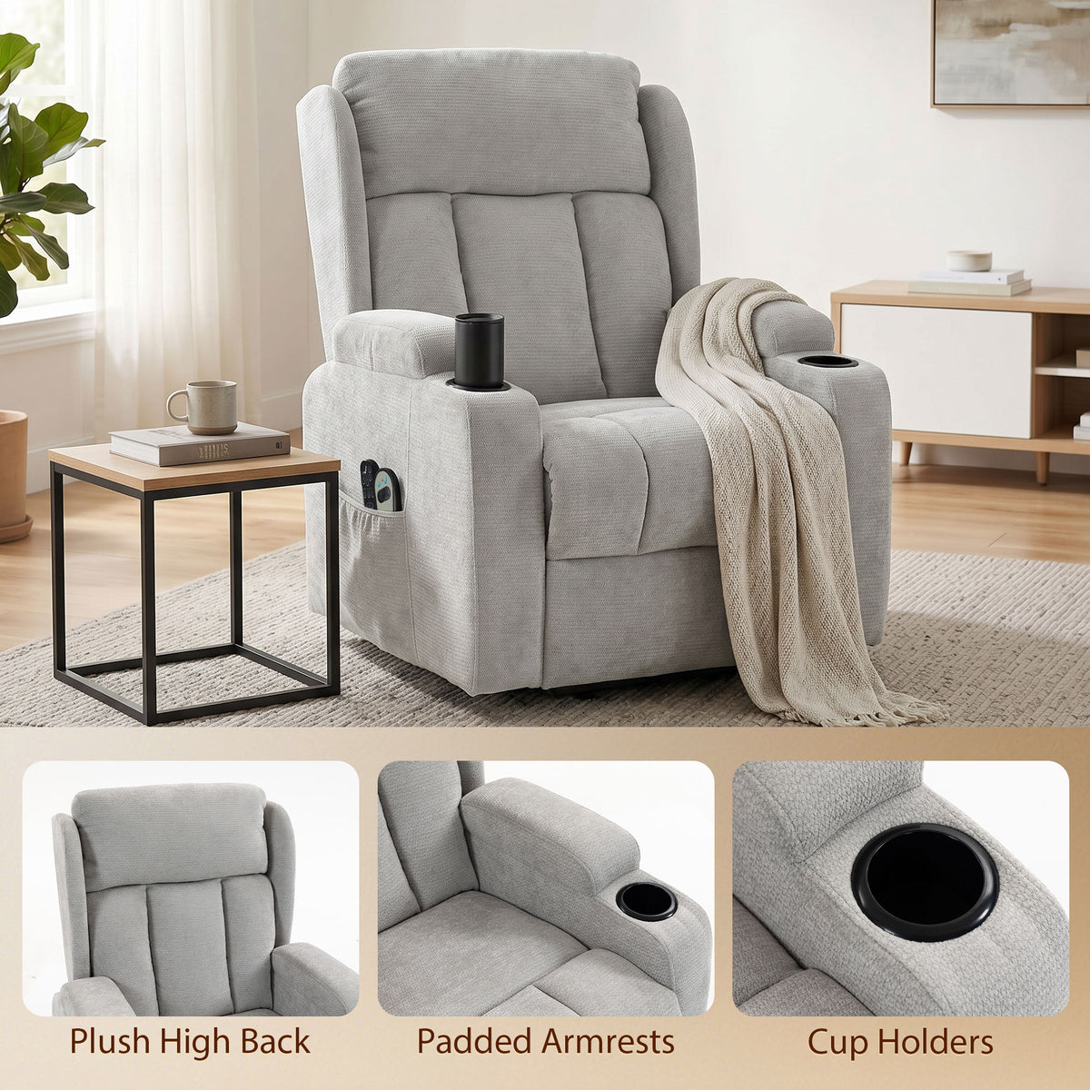 Fauteuil Releveur Électrique Massage et Chauffage, Fauteuil Relax Électrique en Chenille, Appui-tête Pliable, Gris Clair-8