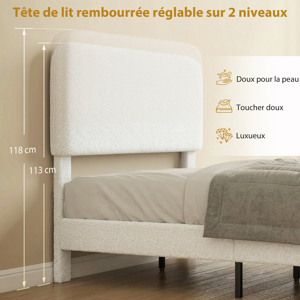 Cadre de Lit 140x190cm avec Sommier, Tête de Lit Réglable, Lit Double Rembourré en Velours Teddy, Lattes en Métal, Blanc-3