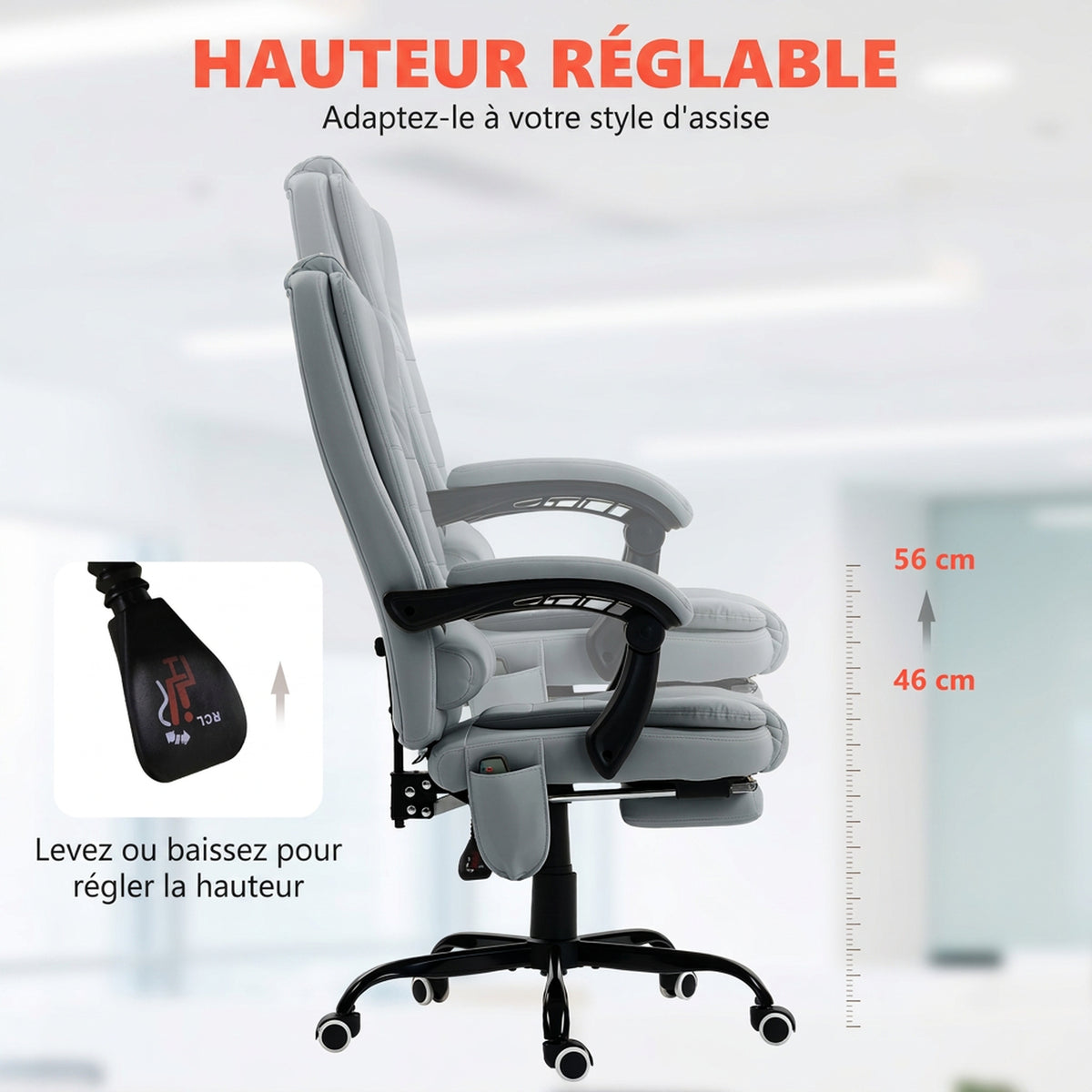 Fauteuil de bureau massant, chaise de bureau avec hauteur réglable, dossier inclinable et télécommande filaire, gris-5