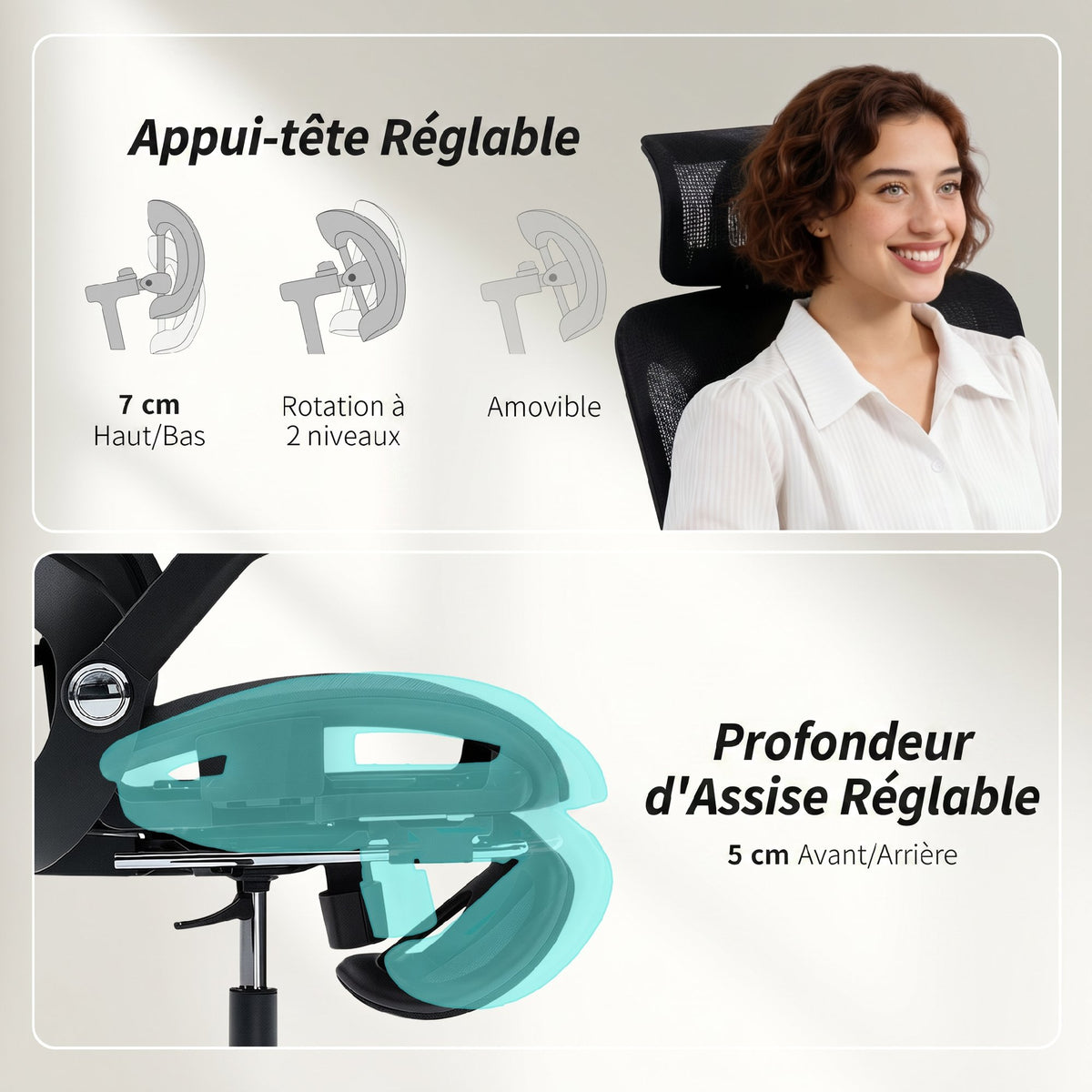 Chaise Bureau Ergonomique avec Accoudoirs 4D Appui-Tête et Profondeur d'Assise Réglables Maille Noir-5