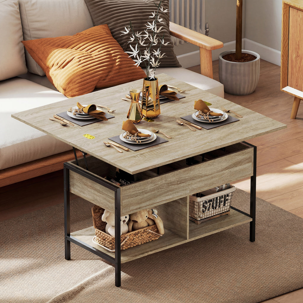 Table basse relevable et extensible, table de salon avec compartiment caché étagères ouvertes, 98x49x55cm, bois naturel-1
