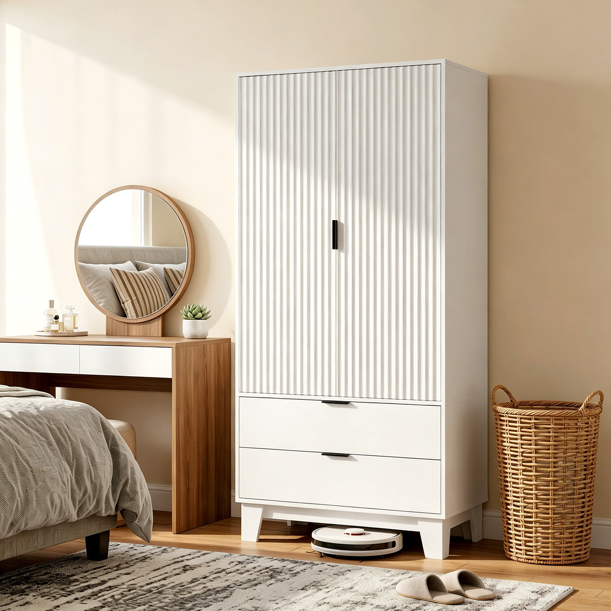 Armoire chambre penderie avec 2 portes à fermeture douce, 2 tiroirs et barre de suspension, 80x50x180cm, blanc-1