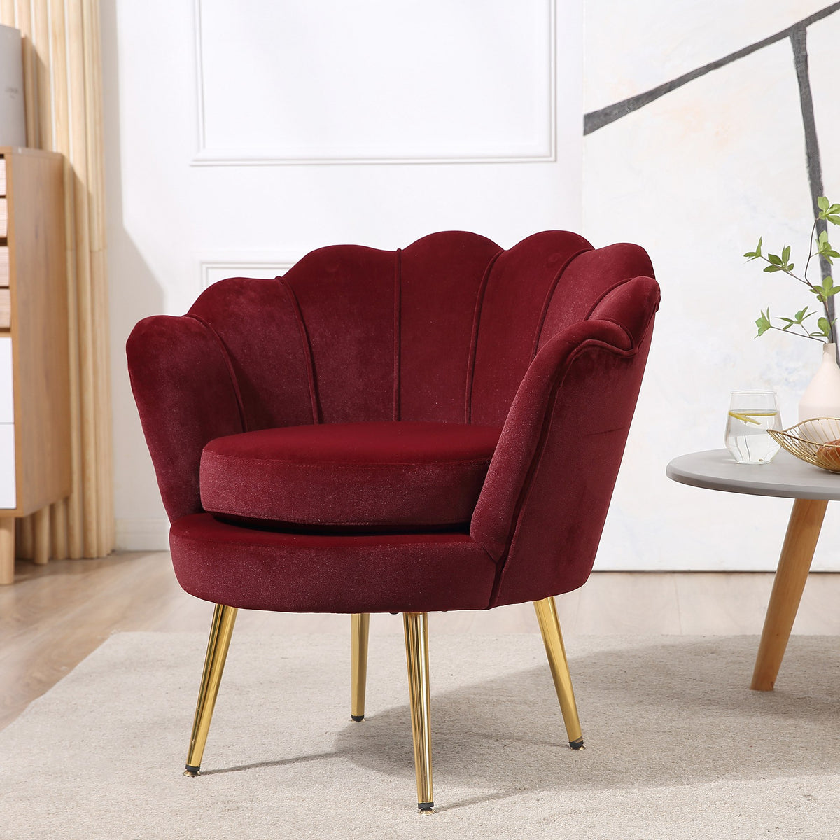 Fauteuil salon fauteuil en velours fauteuil coquillage avec pieds en métal doré pour chambre à coucher, rouge-9