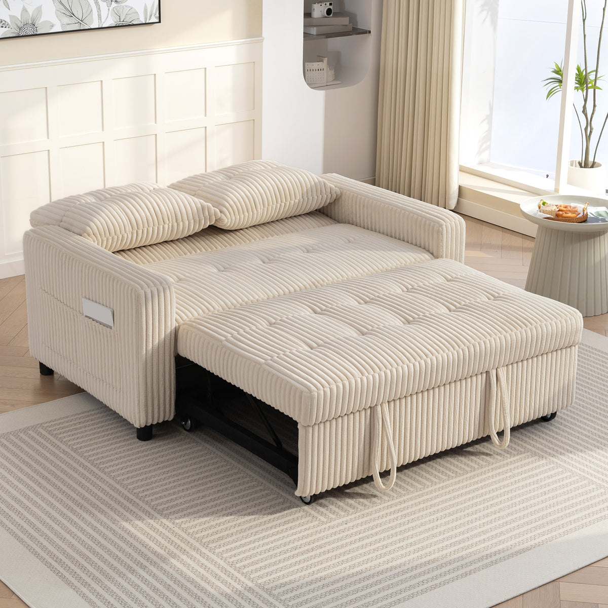 Canapé convertible 2 places canapé-lit en velours côtelé 157x190cm dossier réglable poches latérales et 2 coussins crème-9
