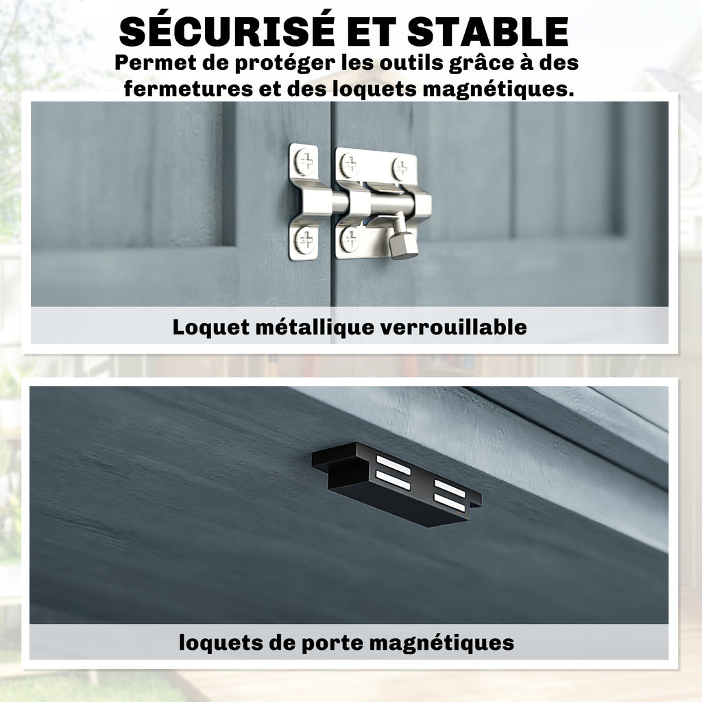 Armoire de jardin, armoire extérieure de rangement en bois avec 2 portes verrouillables, 2 étagères et 10 crochets, gris-4