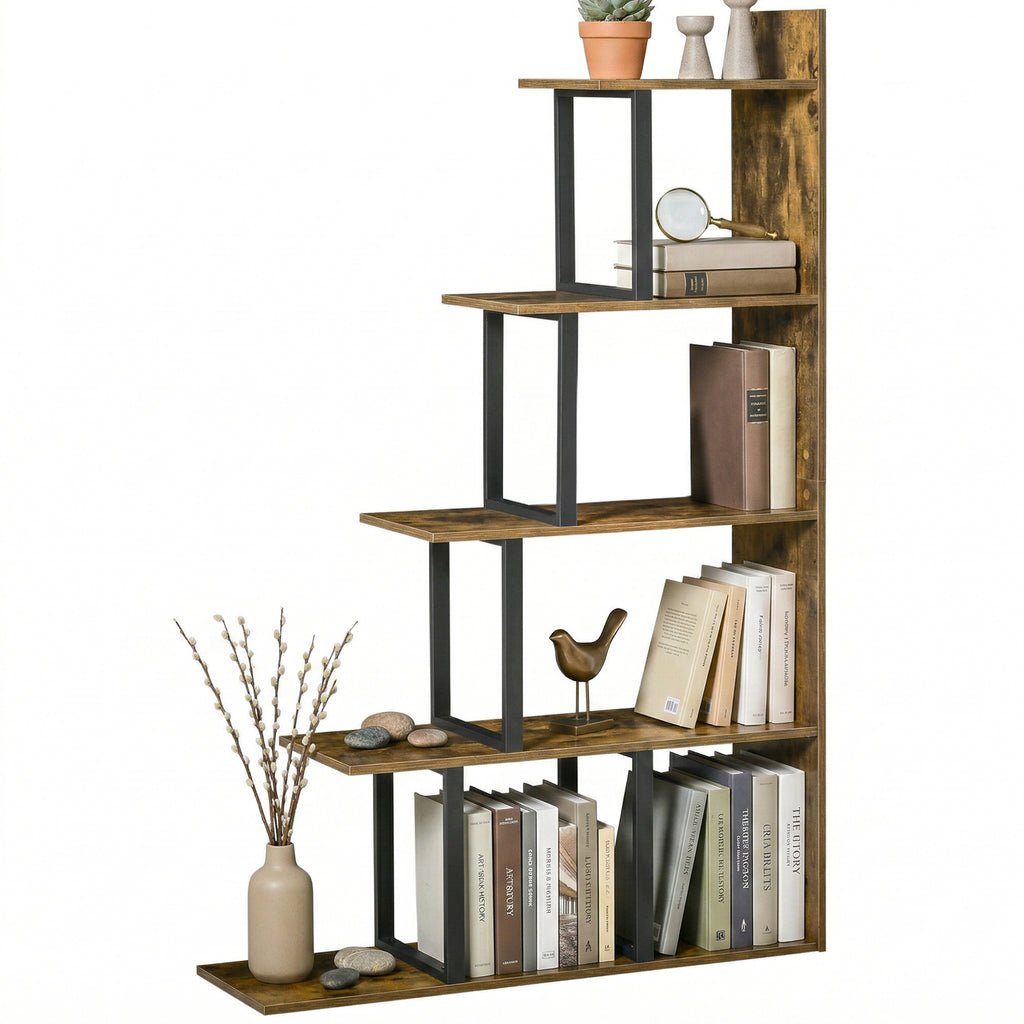 Étagère bibliothèque séparateur de pièce style industriel en escalier 5 étagères 102 x 30 x 160 cm, brun rustique-0