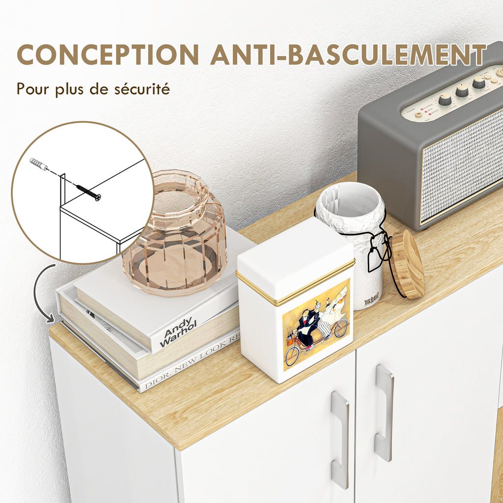 Buffet, meuble de rangement avec 3 portes, 2 tiroirs et étagère réglable, 90 x 30 x 75,5 cm, blanc et bois naturel-5