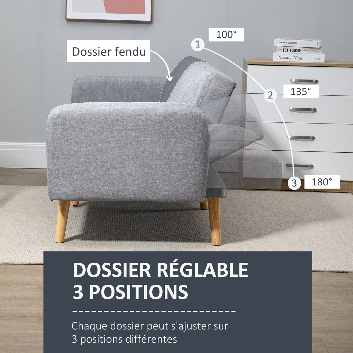 Canapé Convertible 2 Places Design scandinave Dossier inclinable 3 Positions Pieds Bois Tissu Aspect Lin Gris-4