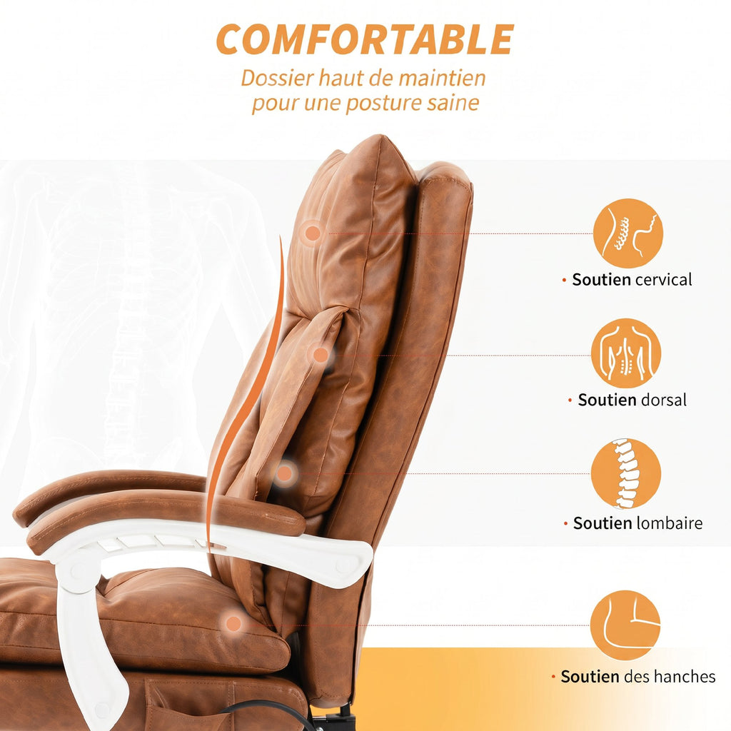 Chaise bureau ergonomique fauteuil de bureau en PU soutien lombaire gonflable dossier inclinable hauteur réglable marron-4