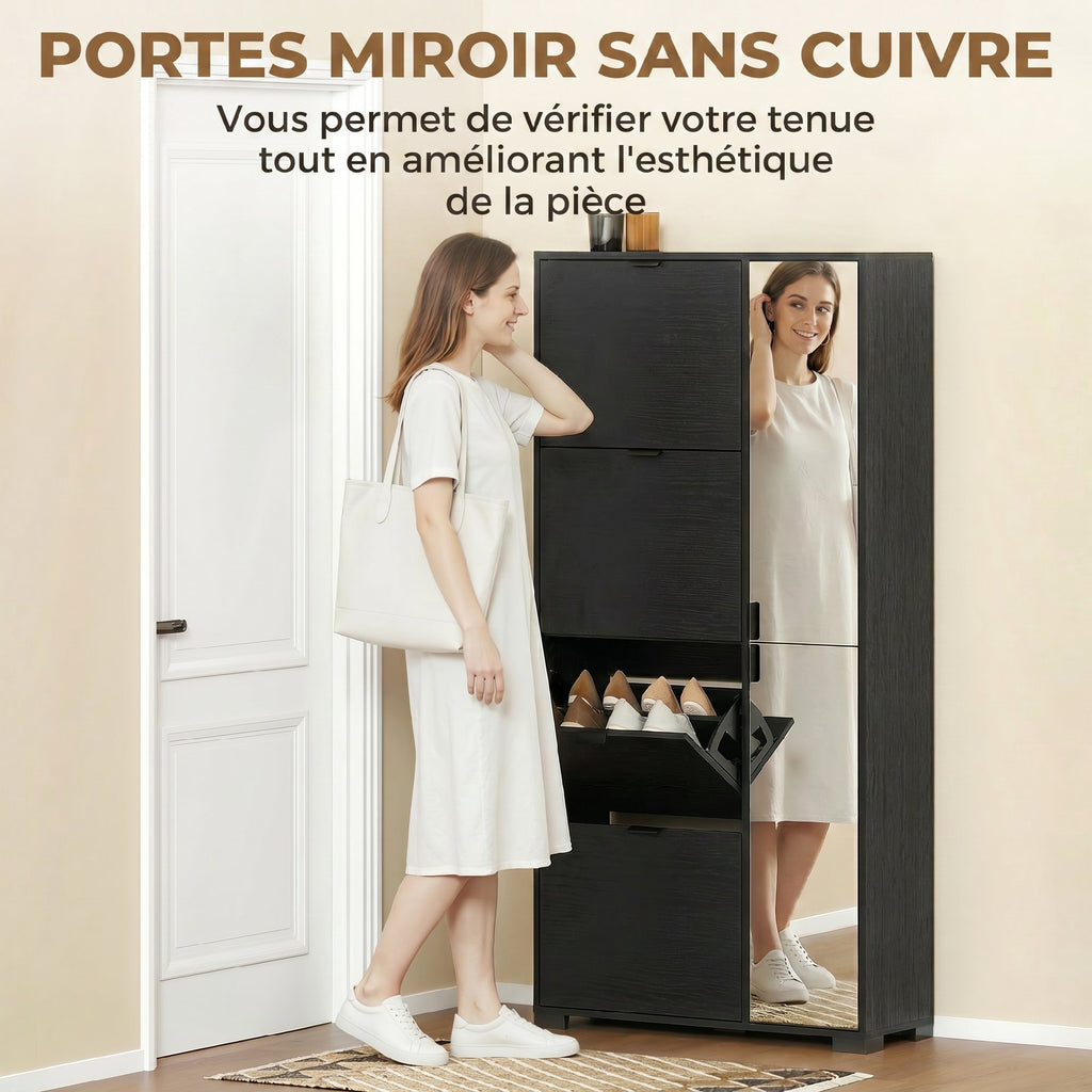 Meuble à chaussures 16 paires armoire à chaussures 4 tiroirs rabattables 2 portes en miroir étagères réglables noir-3
